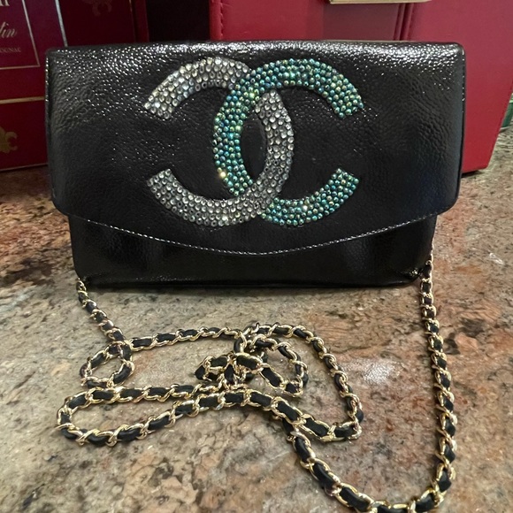 CHANEL Handbags - ❤️TRADED❤️ CHANEL Timeless Clutch WOC Black gloss strassed cc gold hardware